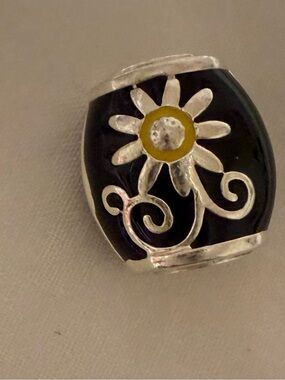 Halia Sterling Silver Black Enamel Daisy Statement Ring